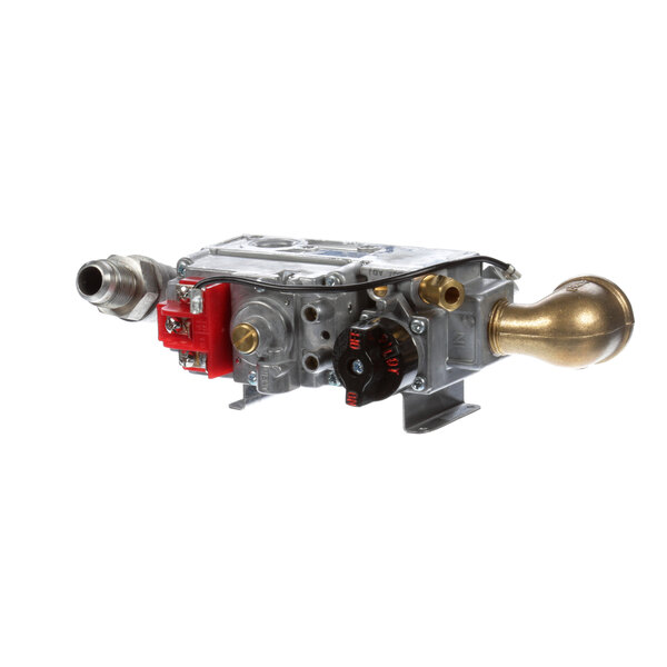 A LoLo Commercial Foodservice gas valve with a red and gold handle.