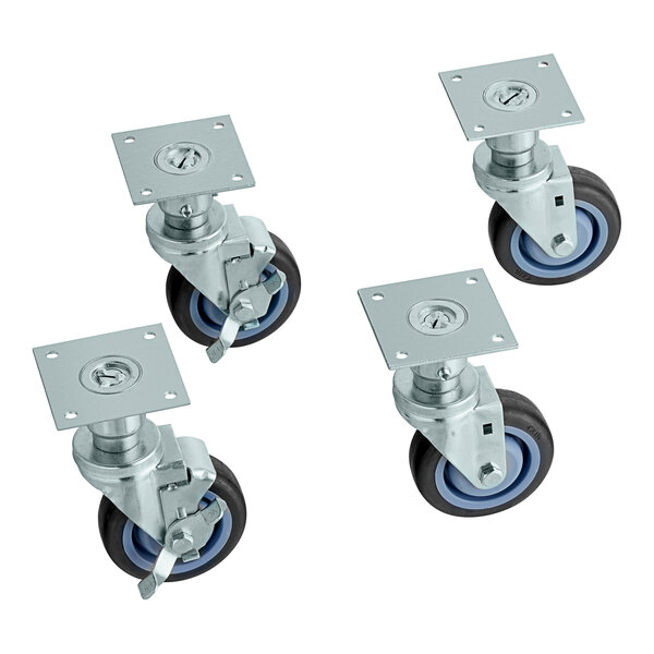 A set of four Vulcan metal plate mount casters with blue rubber wheels.