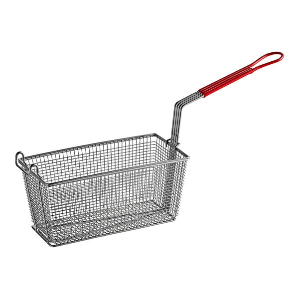 A Vulcan wire fryer basket with a red handle.