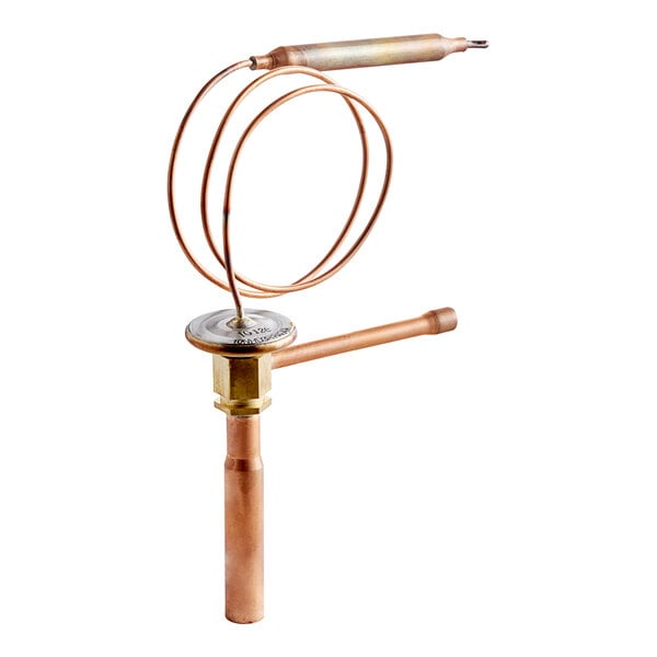 A copper tube with a round metal valve handle.
