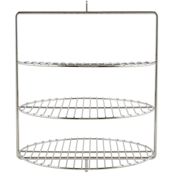 A metal rack with three tiers on it.