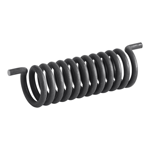 A close-up of a black coil spring on a white background.