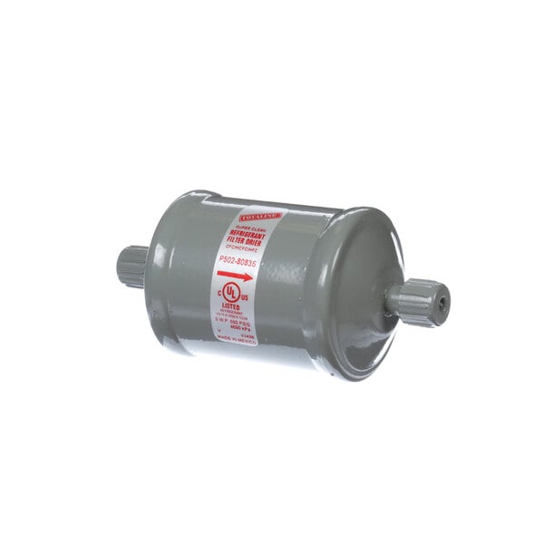 A grey metal cylinder with a red label.