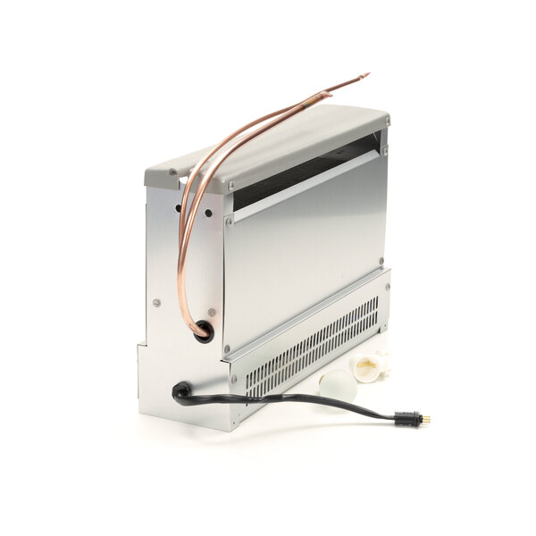 A silver rectangular Randell evaporator with wires and a copper pipe.