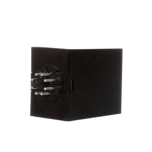 A black square box with round metal plugs and a round metal lock on top.