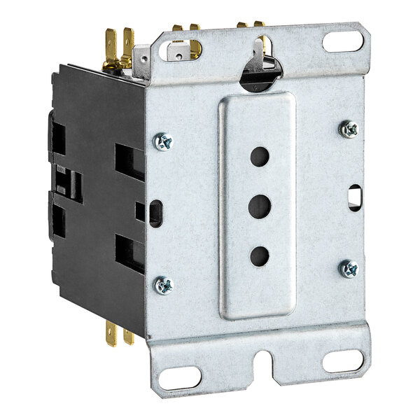 A Cleveland 240VAC contactor with two black and silver metal switches inside a metal box with screws and holes.