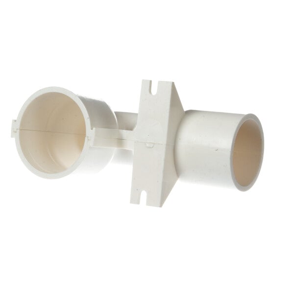 A close-up of a white plastic pipe with two holes.