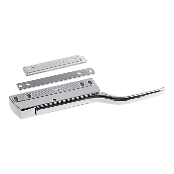 A chrome Metro latch for a door with screws.