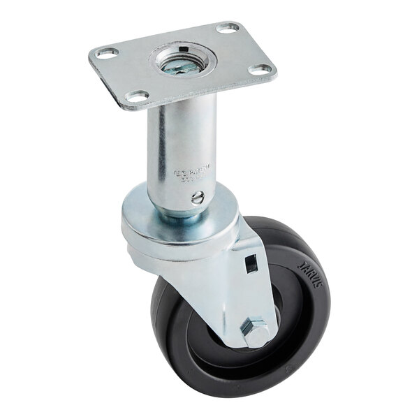 A black metal caster wheel.