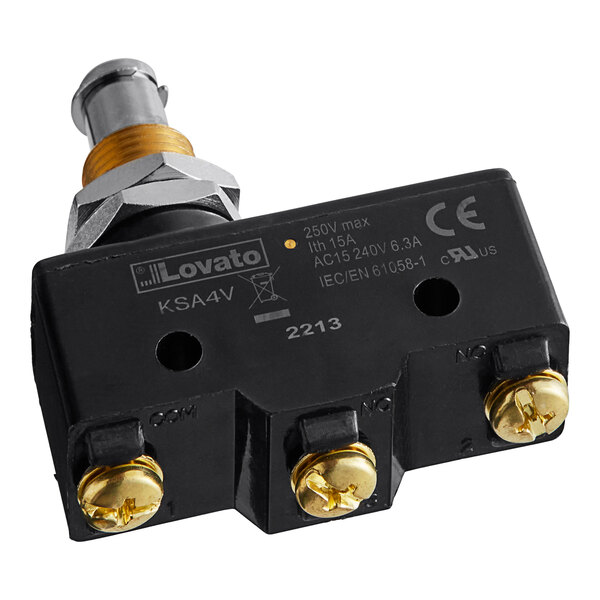 A close up of a black and gold American Range oven door switch with a red button.