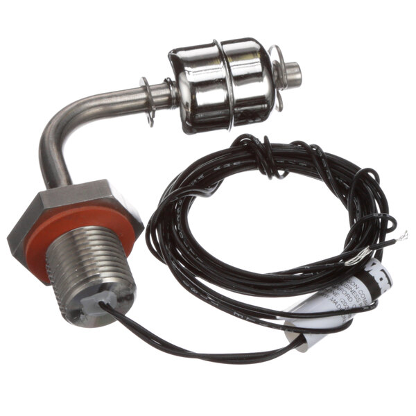 A close-up of a Stero float switch with a black wire attached to it.