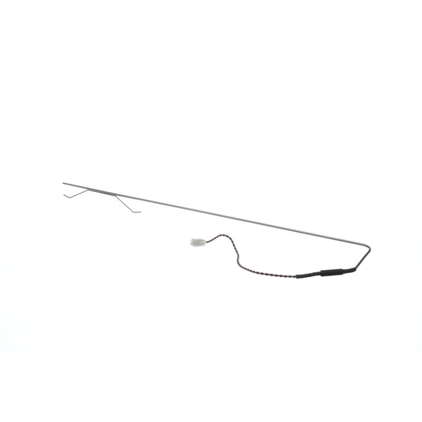 A long thin metal wire with a white cord and a hook at the end.