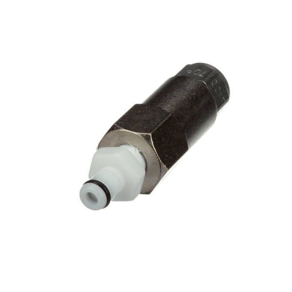 A close-up of a metal and white nozzle with white and black plastic parts.