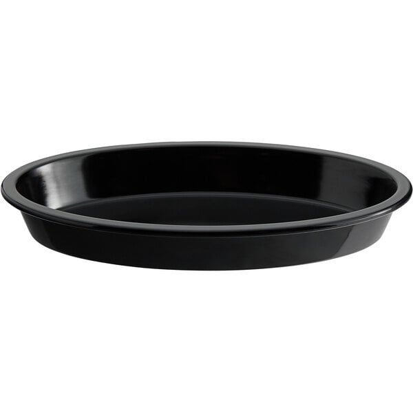 A black oval melamine casserole dish.