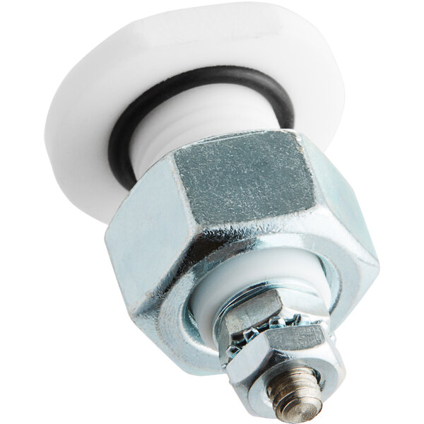 A white plastic Accutemp water sensing probe knob with a metal nut.