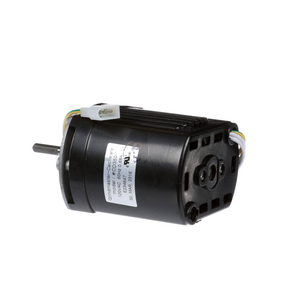 A small black electric motor with a white label.