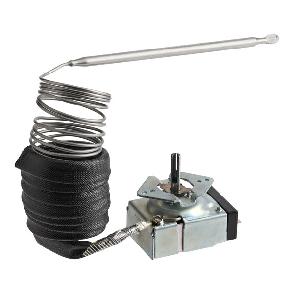 A metal temperature control device with a coiled sensor tube and a rectangular housing featuring a protruding adjustment shaft.