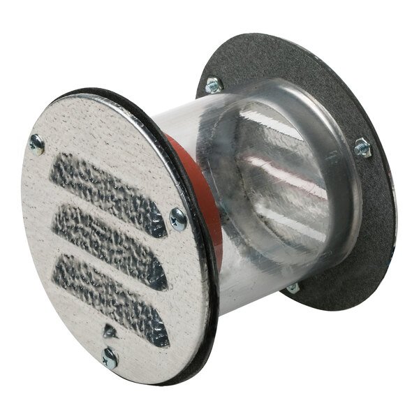 A metal and plastic pressure relief port with vented cover plates on both ends.