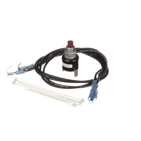 A black and white wire harness with a red wire attached to a black electrical device with a red button.