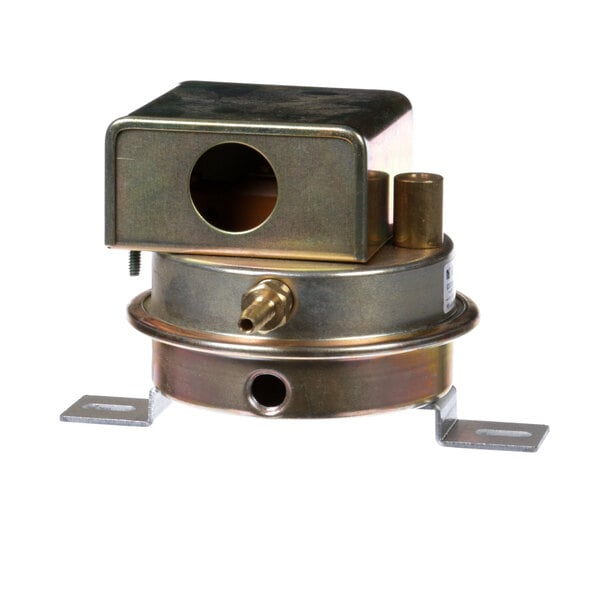 An Ultrafryer Systems air pressure switch, a small metal box with a hole in it.