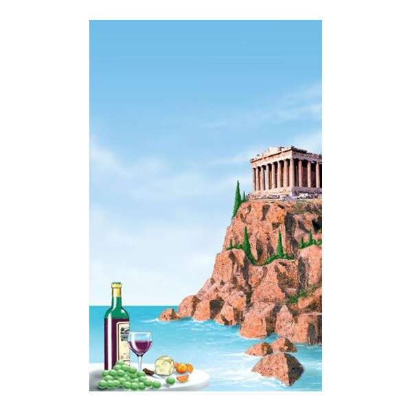 An illustration featuring a rocky seaside cliff with an ancient Greek temple on top, and in the foreground, a bottle of wine, a glass of red wine, grapes, cheese, and fruit on a plate.