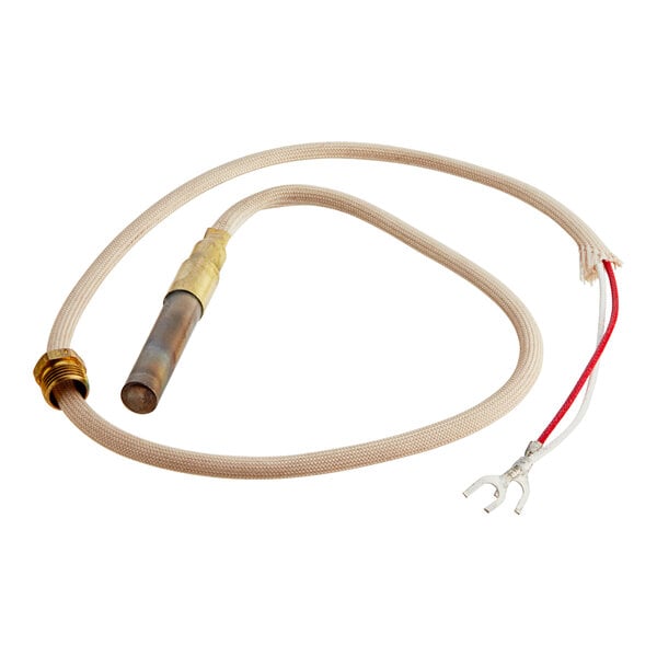 A white cable with a red and white wire and a metal tube.