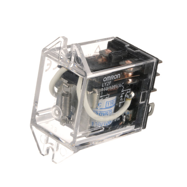 A transparent plastic relay with metal inside and wires.