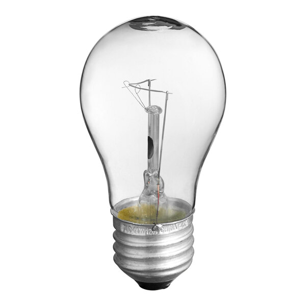 A clear incandescent light bulb with a metal screw base.