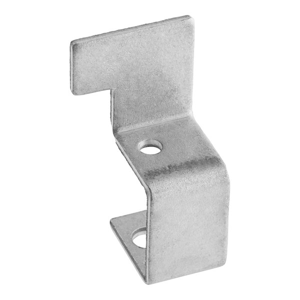 A close-up of a stainless steel metal bracket with holes.