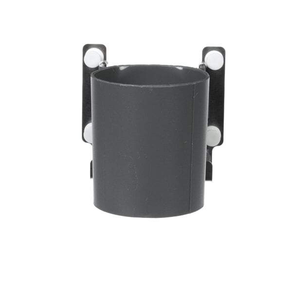 A black plastic water chute with two holes on it.