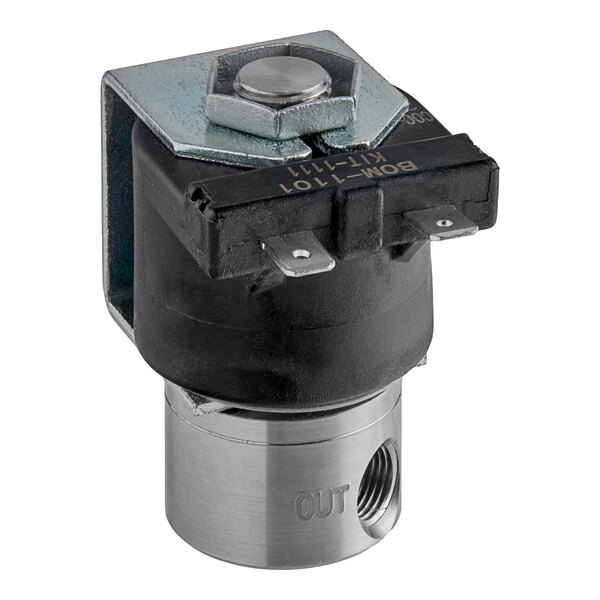 A close up of a black and silver Bunn Sol Valve Assembly.