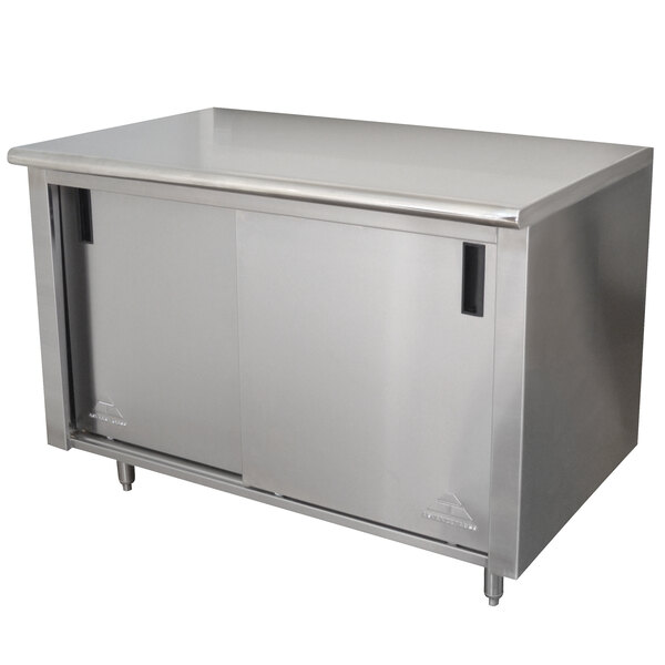 a stainless steel cabinet with a sliding door