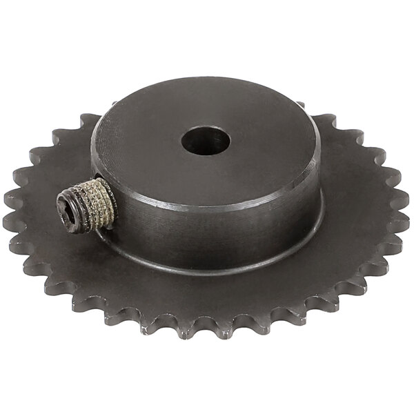 A close-up of a black Antunes 25B32 sprocket with a hole in it.