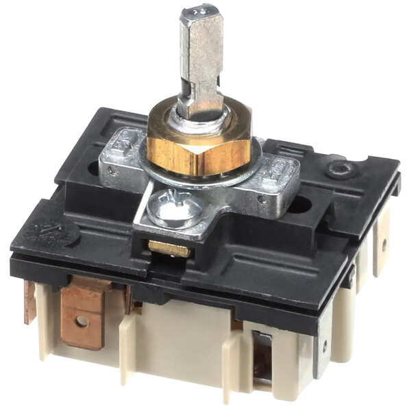 A close-up of a black and white electrical switch with a metal knob.