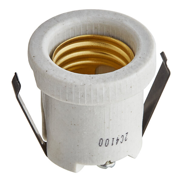 A white socket with metal holders inside.