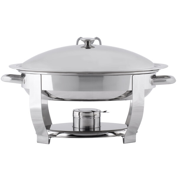 A Vollrath stainless steel large oval chafer with a lid on a stand.