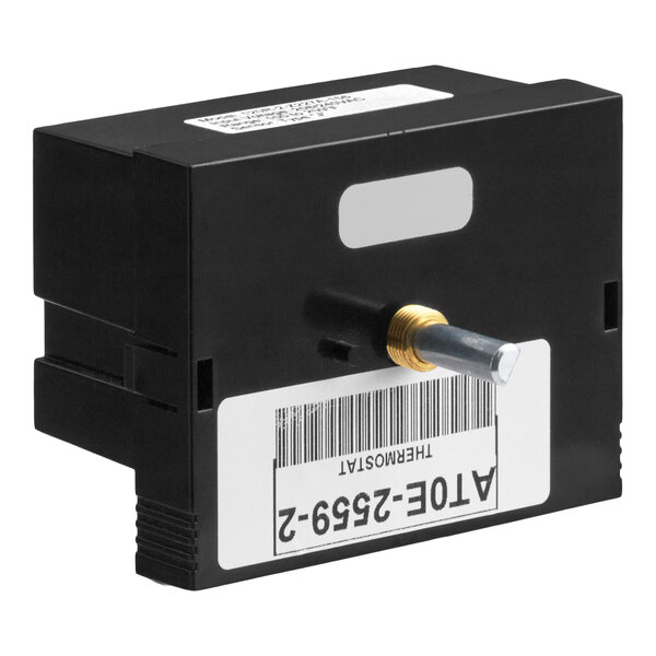 A black rectangular electronic component with a protruding metal shaft and a barcode label on the front.