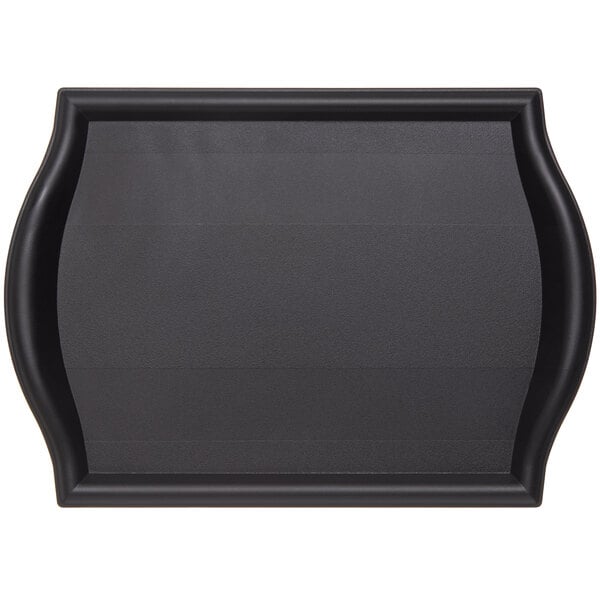 A black Carlisle rectangular bistro tray with a curved edge.