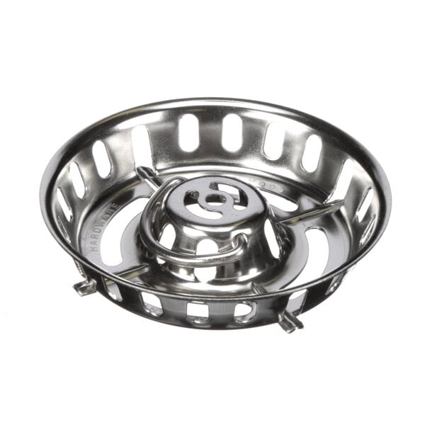 A stainless steel Encore sink strainer with holes.