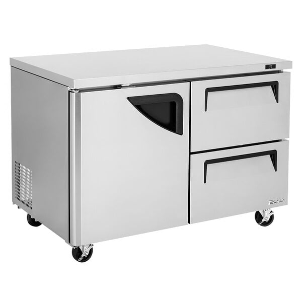 A Turbo Air stainless steel undercounter refrigerator with two drawers.