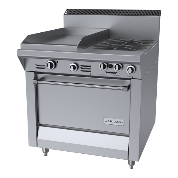 A commercial stainless steel range with two burners, a 17-inch griddle, and a standard oven.