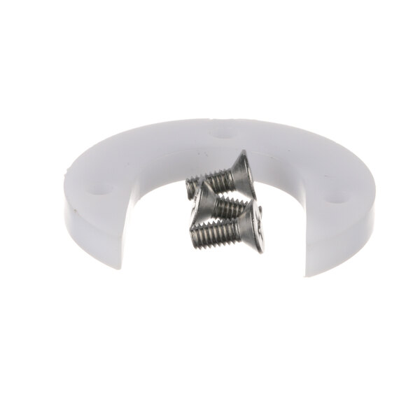 A white plastic Vollrath catch with screws.