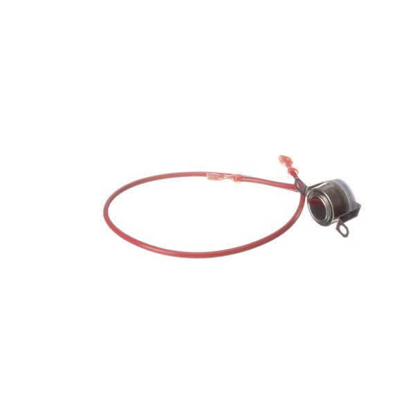 A red tube with a round object on it.