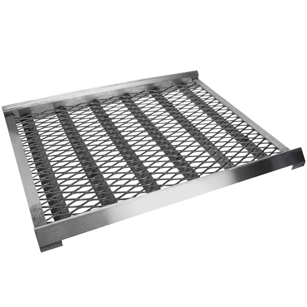 A stainless steel metal grate with holes.