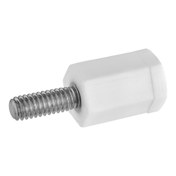 A white plastic thumbscrew with a metal screw.