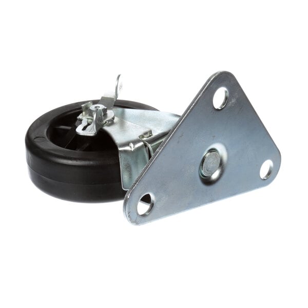 A black wheel with a metal plate.