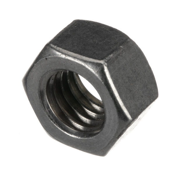 A close-up of a metal Edlund hex nut with a hexagonal shape.