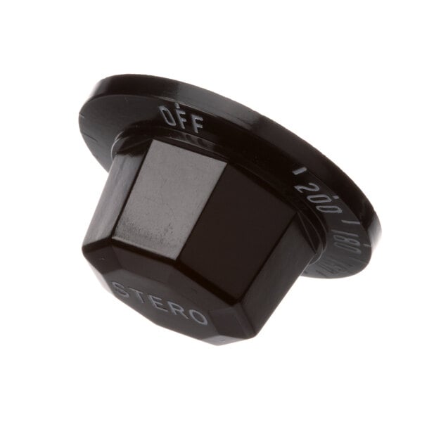 A black plastic Stero thermostat knob with white text.