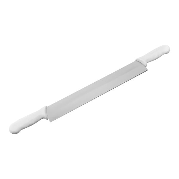 A long, straight-edged knife with two white handles, one on each end.