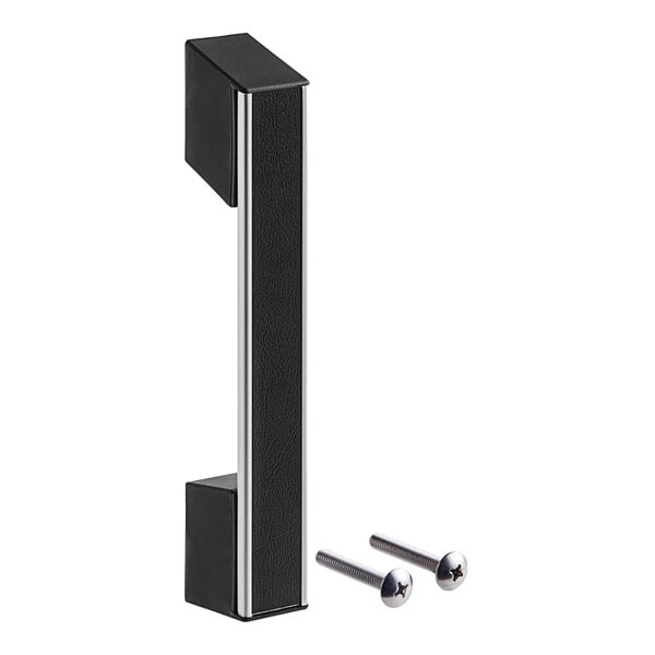A black rectangular Hatco handle with silver metal screws.